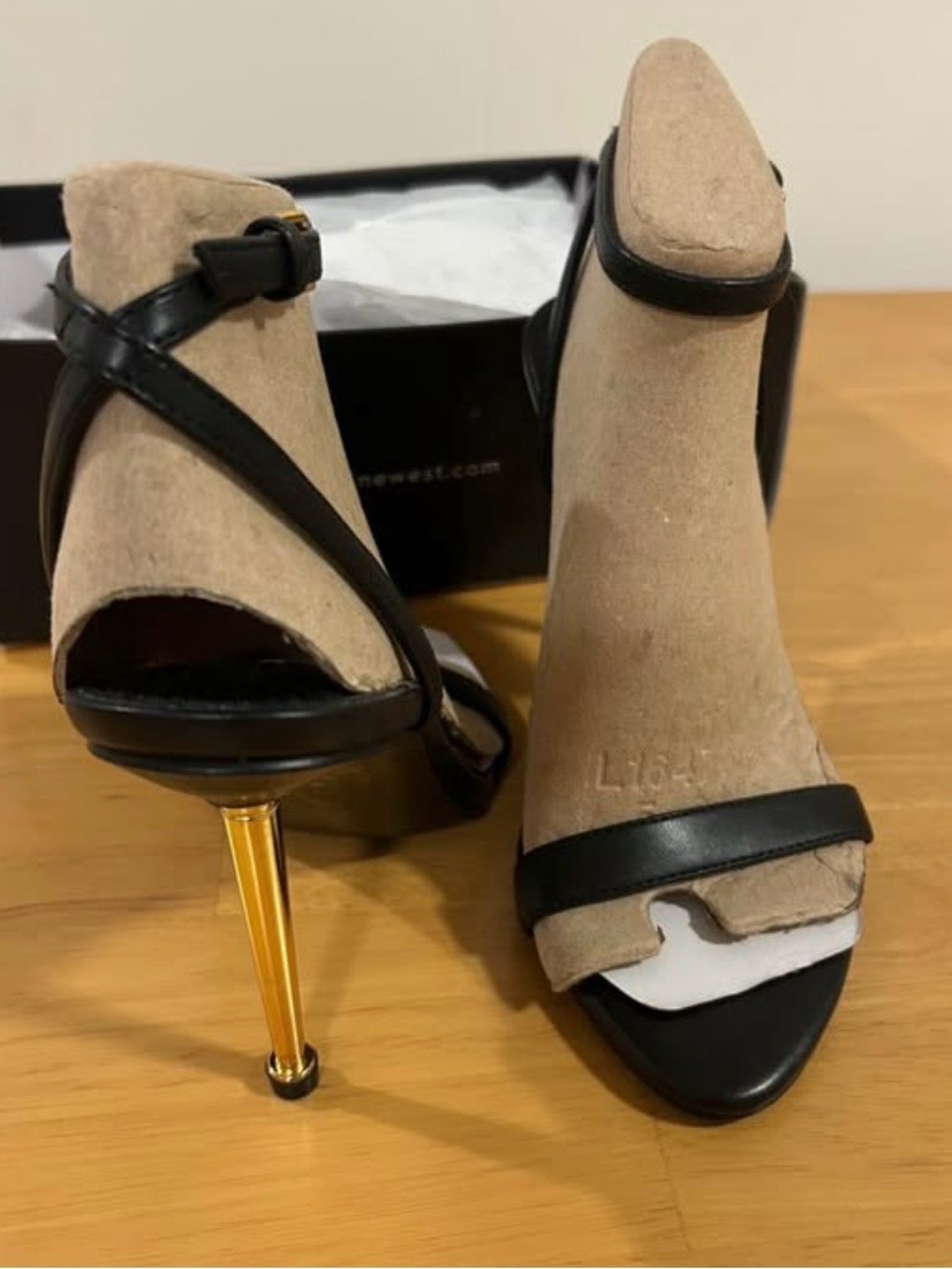 Nine West Black Strappy Sandals with Gold Stiletto Heel